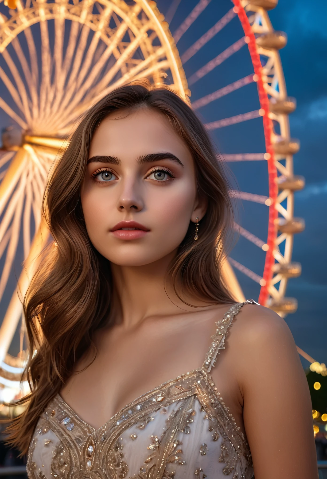 (best quality,4k,8k,highres,masterpiece:1.2),ultra-detailed,(realistic,photorealistic,photo-realistic:1.37),A beautiful British age girl standing in front of the London Eye, summer night, 1girl, beautiful detailed eyes, beautiful detailed lips, extremely detailed eyes and face, long eyelashes, elegant dress, cinematic lighting, dramatic cinematic composition, warm color tones, dramatic cloudy sky, highly detailed, 8k, photorealistic, masterpiece, digital painting, concept art