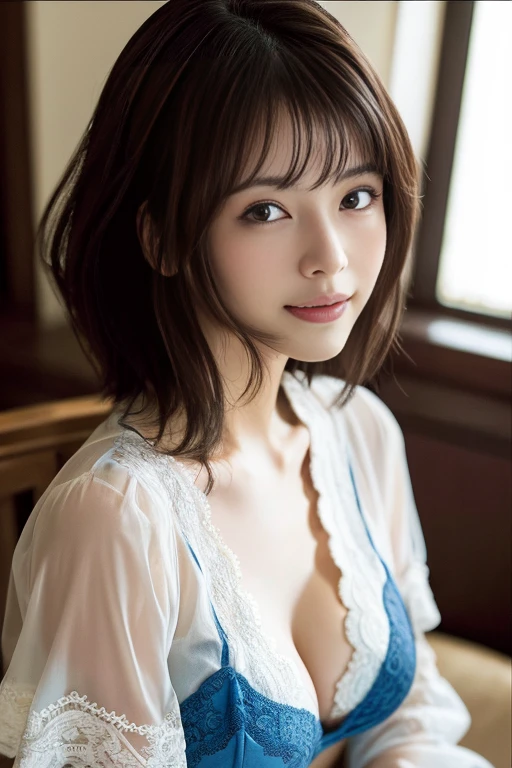 (RAW Photos), (Realistic), (masterpiece), (highest quality), High resolution, 8K resolution, (Intricate details), (Volumetric Light), Portraiture, woman,, short hair, Straight hair, Layered Hair, Brown haired, Highly detailed eyes, Source order, Very thin eyebrows, Highly detailed skin, Highly detailed mouth, Highly detailed nose, Cute like an idol, smile, ((Thick lips)), ((Look at the viewers)), (Elegant blouse)、Cleavage、Cleavage、The color of the clothes is up to you、The color of her underwear is see-through blue、Nipples are visible、I can see her 、