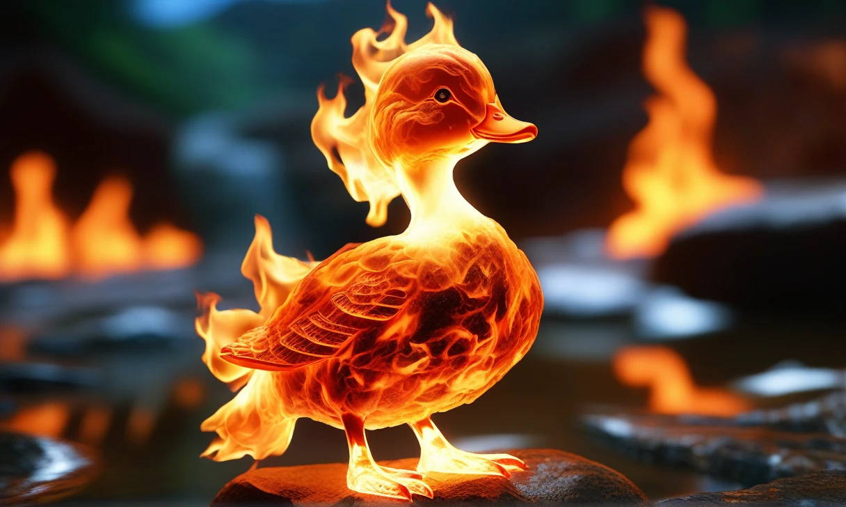 a transparent fire elemental duck made of (firecd_xl,raging flames:1.2,burning) in hell,fire eyes,fire hairs,fire body,splash fire,no humans,long-focus,tilt-shift,outdoors,on molten rock,full body,chinese zodiac,cutie,cute,still life,front view,facing viewer,looking at viewer,ethereal fantasy concept art,magnificent,epic,majestic,magical, emotional,harmonious,high budget,moody,epic,gorgeous,perfect lighting,realistic,photorealistic,photographic,photo (medium),real,moody lighting,volumetric lighting,reality ray tracing,8K,HDR,UHD,masterpiece,best quality,highly detailed,high resolution,finely detail,extremely detailed,ultra detailed,wallpaper