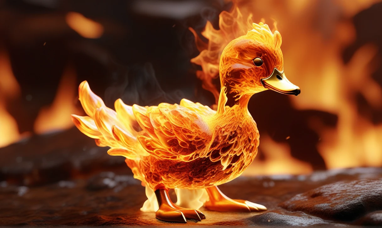a transparent fire elemental duck made of (firecd_xl,raging flames:1.2,burning) in hell,fire eyes,fire hairs,fire body,splash fire,no humans,long-focus,tilt-shift,outdoors,on molten rock,full body,chinese zodiac,cutie,cute,still life,front view,facing viewer,looking at viewer,ethereal fantasy concept art,magnificent,epic,majestic,magical, emotional,harmonious,high budget,moody,epic,gorgeous,perfect lighting,realistic,photorealistic,photographic,photo (medium),real,moody lighting,volumetric lighting,reality ray tracing,8K,HDR,UHD,masterpiece,best quality,highly detailed,high resolution,finely detail,extremely detailed,ultra detailed,wallpaper