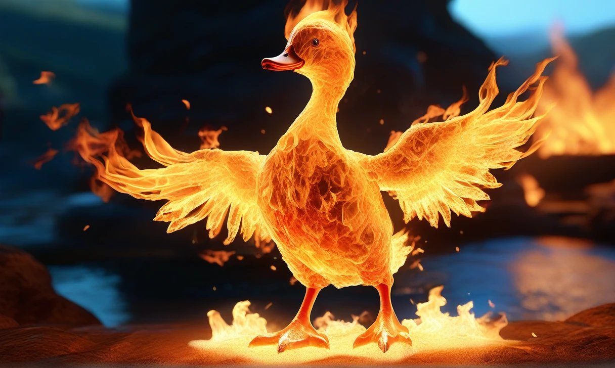 a transparent fire elemental duck made of (firecd_xl,raging flames:1.2,burning) in hell,fire eyes,fire hairs,fire body,splash fire,no humans,long-focus,tilt-shift,outdoors,on molten rock,full body,chinese zodiac,cutie,cute,still life,front view,facing viewer,looking at viewer,ethereal fantasy concept art,magnificent,epic,majestic,magical, emotional,harmonious,high budget,moody,epic,gorgeous,perfect lighting,realistic,photorealistic,photographic,photo (medium),real,moody lighting,volumetric lighting,reality ray tracing,8K,HDR,UHD,masterpiece,best quality,highly detailed,high resolution,finely detail,extremely detailed,ultra detailed,wallpaper