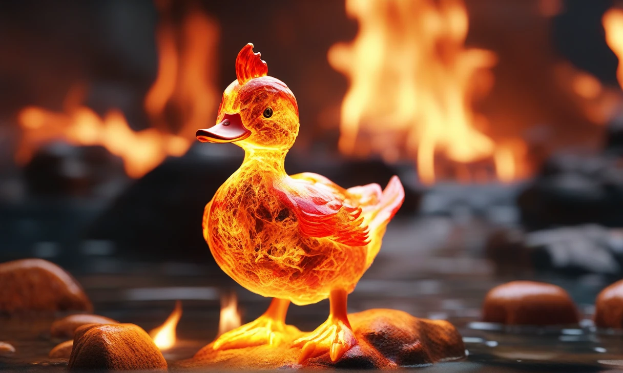 a transparent fire elemental duck made of (firecd_xl,raging flames:1.2,burning) in hell,fire eyes,fire hairs,fire body,splash fire,no humans,long-focus,tilt-shift,outdoors,on molten rock,full body,chinese zodiac,cutie,cute,still life,front view,facing viewer,looking at viewer,ethereal fantasy concept art,magnificent,epic,majestic,magical, emotional,harmonious,high budget,moody,epic,gorgeous,perfect lighting,realistic,photorealistic,photographic,photo (medium),real,moody lighting,volumetric lighting,reality ray tracing,8K,HDR,UHD,masterpiece,best quality,highly detailed,high resolution,finely detail,extremely detailed,ultra detailed,wallpaper