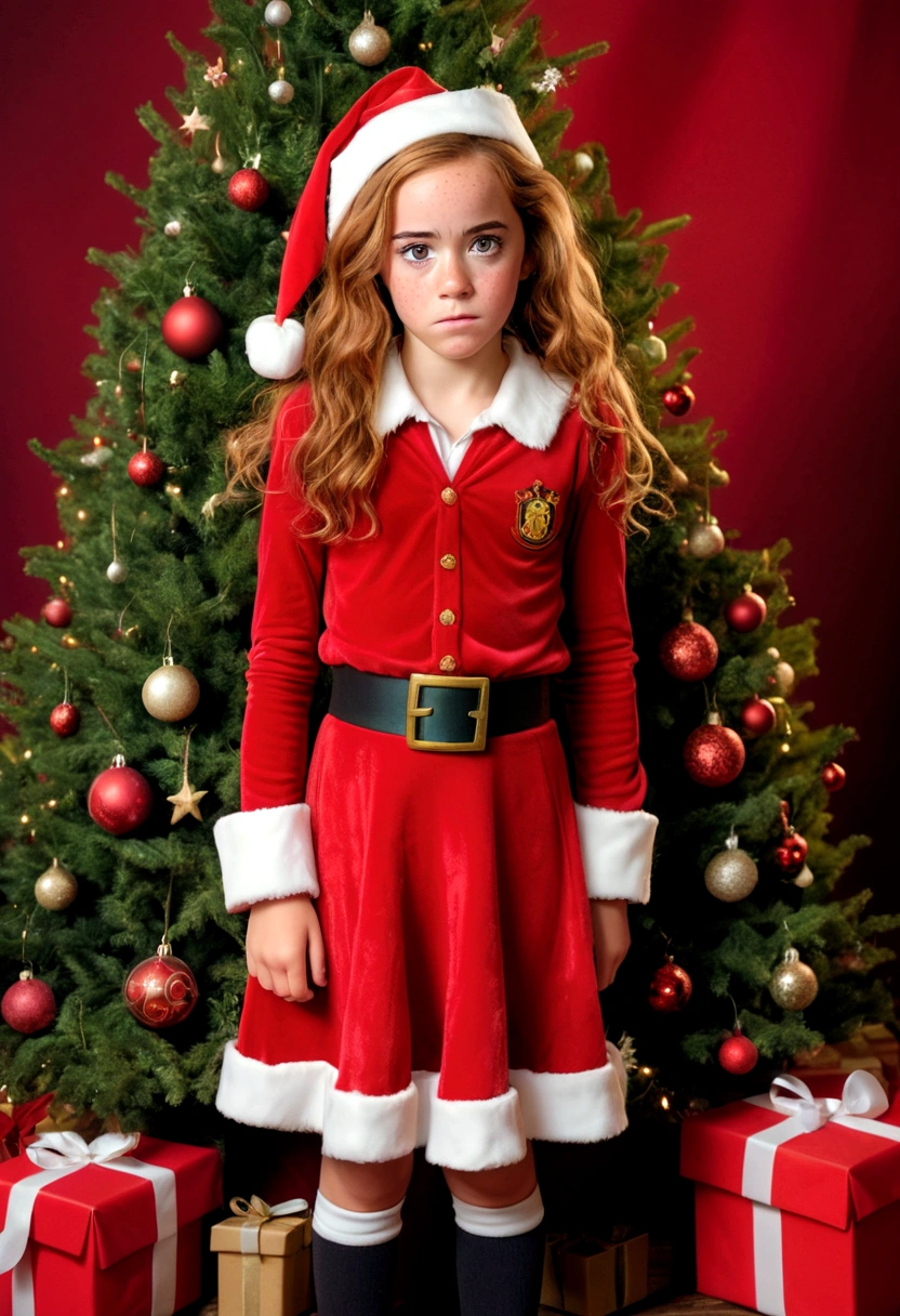 Full body portrait of an embarrassed Beautiful hermione granger girl, embarrassed look, face with freckles, freckled nose, wearing an embarrassing and humiliating santa costume, christmas tree, canon 50 mm, realistic portrait, highly detailed, analog style, skinny toned body, cleavage, wearing an embarrassing and humiliating santa costume
