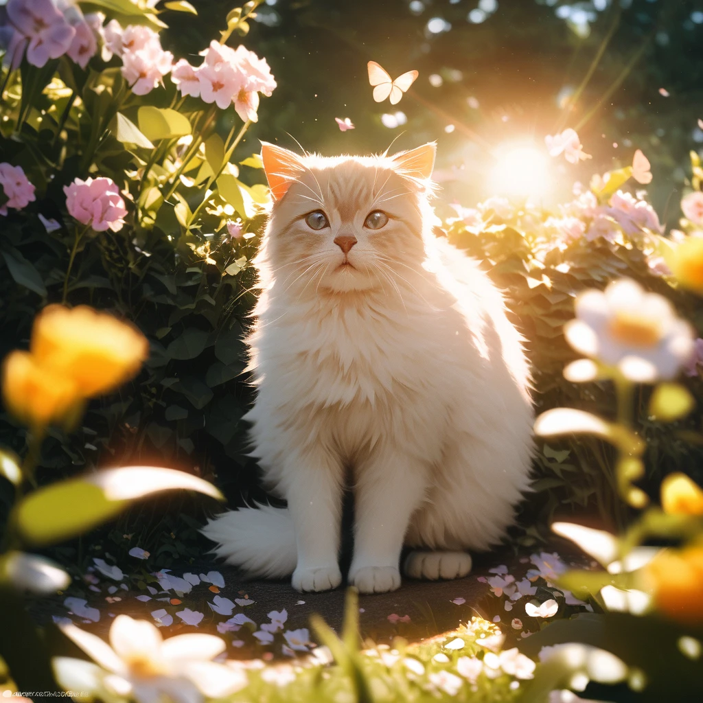 Playful kittens in a sunny garden, blooming flowers, butterflies, soft fur texture, Canon EOS R5, wide-angle lens, naturalistic photo style, whimsical mood, morning sunlight, shallow depth of field composition