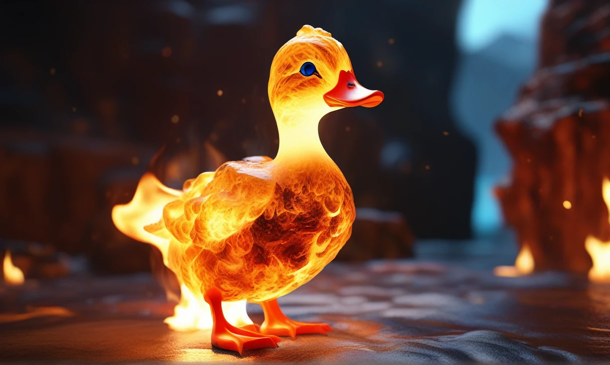 a transparent fire elemental duck made of (firecd_xl,raging flames:1.2,burning) in hell,fire eyes,fire hairs,fire body,splash fire,no humans,long-focus,tilt-shift,outdoors,on molten rock,full body,chinese zodiac,cutie,cute,still life,front view,facing viewer,looking at viewer,ethereal fantasy concept art,magnificent,epic,majestic,magical, emotional,harmonious,high budget,moody,epic,gorgeous,perfect lighting,realistic,photorealistic,photographic,photo (medium),real,moody lighting,volumetric lighting,reality ray tracing,8K,HDR,UHD,masterpiece,best quality,highly detailed,high resolution,finely detail,extremely detailed,ultra detailed,wallpaper