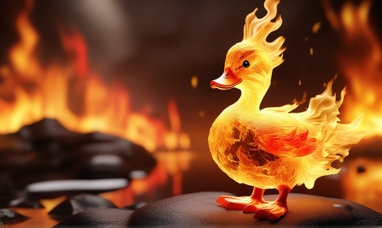 a transparent fire elemental duck made of (firecd_xl,raging flames:1.2,burning) in hell,fire eyes,fire hairs,fire body,splash fire,no humans,long-focus,tilt-shift,outdoors,on molten rock,full body,chinese zodiac,cutie,cute,still life,front view,facing viewer,looking at viewer,ethereal fantasy concept art,magnificent,epic,majestic,magical, emotional,harmonious,high budget,moody,epic,gorgeous,perfect lighting,realistic,photorealistic,photographic,photo (medium),real,moody lighting,volumetric lighting,reality ray tracing,8K,HDR,UHD,masterpiece,best quality,highly detailed,high resolution,finely detail,extremely detailed,ultra detailed,wallpaper