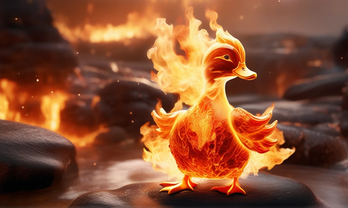 a transparent fire elemental duck made of (firecd_xl,raging flames:1.2,burning) in hell,fire eyes,fire hairs,fire body,splash fire,no humans,long-focus,tilt-shift,outdoors,on molten rock,full body,chinese zodiac,cutie,cute,still life,front view,facing viewer,looking at viewer,ethereal fantasy concept art,magnificent,epic,majestic,magical, emotional,harmonious,high budget,moody,epic,gorgeous,perfect lighting,realistic,photorealistic,photographic,photo (medium),real,moody lighting,volumetric lighting,reality ray tracing,8K,HDR,UHD,masterpiece,best quality,highly detailed,high resolution,finely detail,extremely detailed,ultra detailed,wallpaper