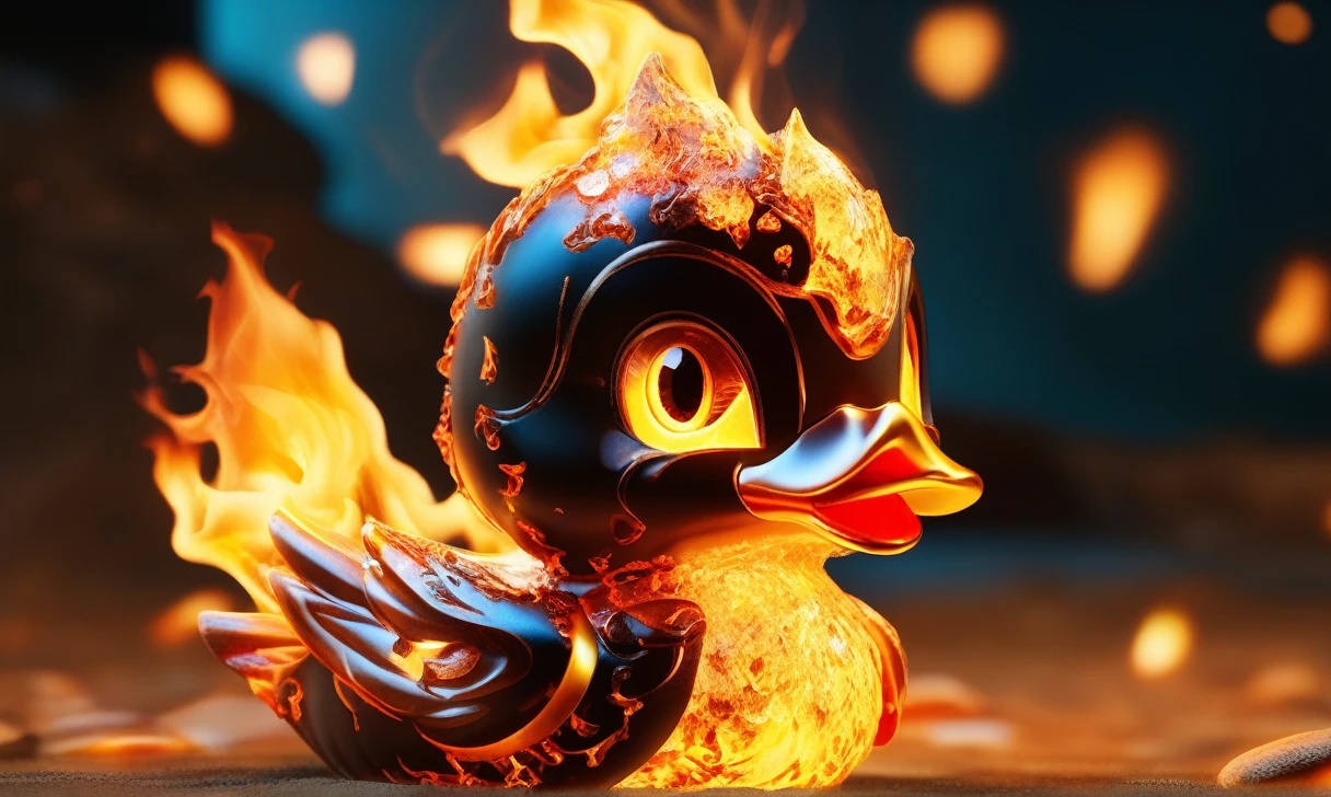 a transparent fire elemental duck made of (firecd_xl,raging flames:1.2,burning) in hell,fire eyes,fire hairs,fire body,splash fire,no humans,long-focus,tilt-shift,outdoors,on molten rock,full body,chinese zodiac,cutie,cute,still life,front view,facing viewer,looking at viewer,ethereal fantasy concept art,magnificent,epic,majestic,magical, emotional,harmonious,high budget,moody,epic,gorgeous,perfect lighting,realistic,photorealistic,photographic,photo (medium),real,moody lighting,volumetric lighting,reality ray tracing,8K,HDR,UHD,masterpiece,best quality,highly detailed,high resolution,finely detail,extremely detailed,ultra detailed,wallpaper