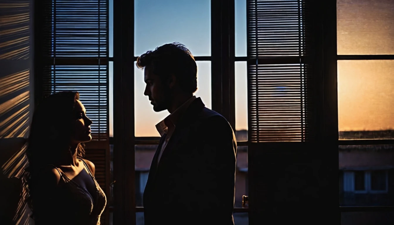 Visualize the dark silhouette profile of one woman and one man in room who talk to each other in backlit at night.There are silhouette profile of two people are in room who talk to each other in the ((darkened)) room, silhouettes profile of a man and the woman, soft moonlight through shutters, backlit, cinematic sunset light, shutters, back lit, intense moonlight, very realistic film still, favorite scene, perfectly lit. movie still, back - lit, digitally enhanced Shutters in the background. A silhouettes profile of a man and woman are who talk to each other in the background is shutters. The light of the moon shines through the shutters. Light filtering in through a shutters, the shadow of the shutter is drawn on the wall and on the man and woman. Backlight, silhouettes profile of the man and woman. hyper detailed,sfumato, chiaroscuro,Sharp focus, depth of field, lifelike textures, best shadows, best quality. Warm color tones. Realism, photorealism, hyperrealism,sharp focus, wide angle, insanely intricate details, analog, film grain, dslr, raw photo, hdr, uhd, 8k, 35 mm film,photographed on Nikon