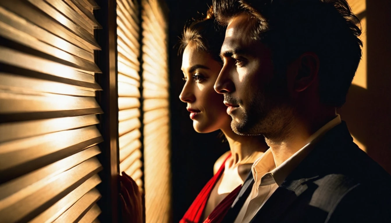 Visualize the dark silhouette profile of one woman and one man in room who talk to each other in backlit at night.There are silhouette profile of two people are in room who talk to each other in the ((darkened)) room, silhouettes profile of a man and the woman, soft moonlight through shutters, backlit, cinematic sunset light, shutters, back lit, intense moonlight, very realistic film still, favorite scene, perfectly lit. movie still, back - lit, digitally enhanced Shutters in the background. A silhouettes profile of a man and woman are who talk to each other in the background is shutters. The light of the moon shines through the shutters. Light filtering in through a shutters, the shadow of the shutter is drawn on the wall and on the man and woman. Backlight, silhouettes profile of the man and woman. hyper detailed,sfumato, chiaroscuro,Sharp focus, depth of field, lifelike textures, best shadows, best quality. Warm color tones. Realism, photorealism, hyperrealism,sharp focus, wide angle, insanely intricate details, analog, film grain, dslr, raw photo, hdr, uhd, 8k, 35 mm film,photographed on Nikon