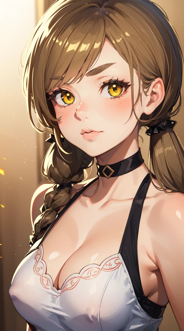 (The best quality at its best,4K,8k,High resolution,masterpiece:1.2),Super detailed,(Actual,Realistically),Vibrant colors,Beautiful Eyes,Blushed,masterpiece,The best quality at its best,Mild,Delicate and sexy collarbone,elegant,Noble,Happiness,A faint blush,wonderful thing,Perfect pubis,mature,close your eyes,original character, Volumetric lighting, Best Shadow, Shallow depth of field, Portrait of a stunningly beautiful girl, , Delicate, beautiful and attractive face with captivating yellow eyes, Messy painted face, Sharp eyebrows, Fang Out, Nice medium breasts, Layered long twin tail blonde, Blush Eyeshadow, Thick eyelashes, slim、