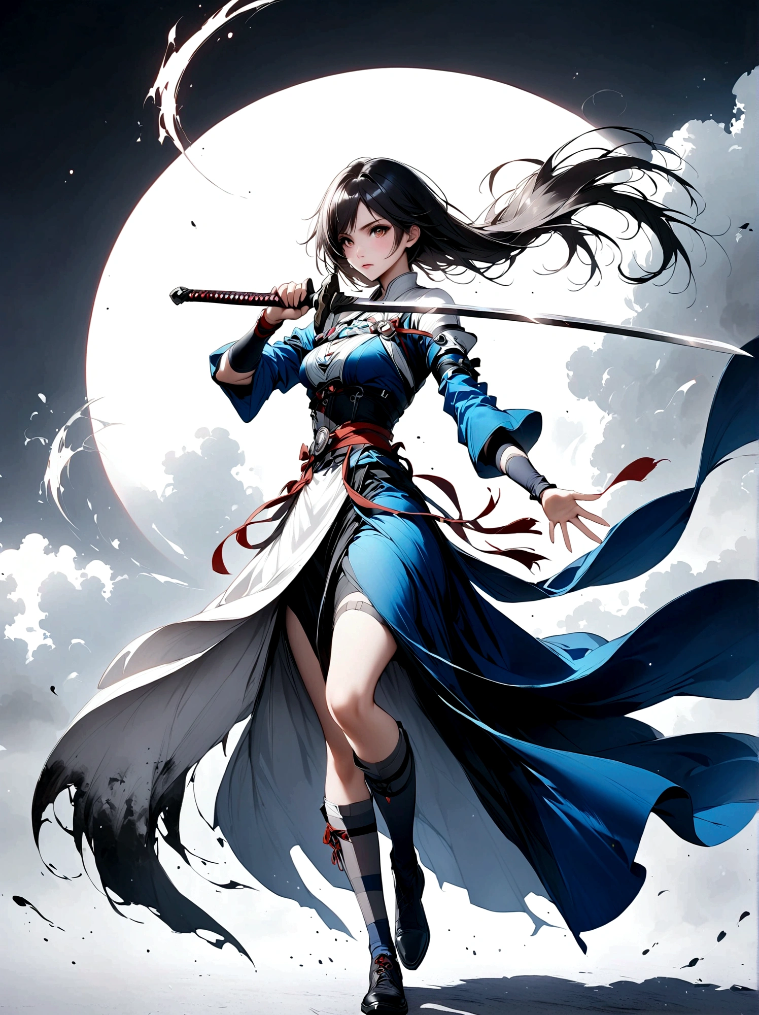 Artistic ink painting,Three-dimensional ink painting,Minimalism,Minimalist graphics,Minimal Art,Anime girl holding a sword,whole body,Chinese style,antiquity,Ink Painting,Blue robe,Black long hair,Black and white background,古韵White Space,White Space,大面积White Space,Texture Matte,Low saturation,Minimalist composition,Master composition