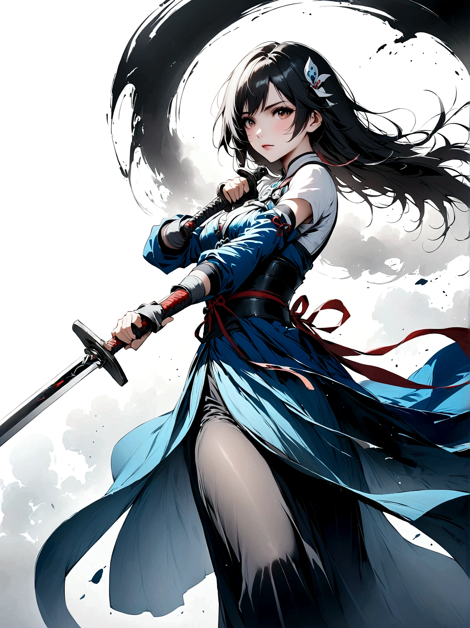 Artistic ink painting,Three-dimensional ink painting,Minimalism,Minimalist graphics,Minimal Art,Anime girl holding a sword,whole body,Chinese style,antiquity,Ink Painting,Blue robe,Black long hair,Black and white background,古韵White Space,White Space,大面积White Space,Texture Matte,Low saturation,Minimalist composition,Master composition