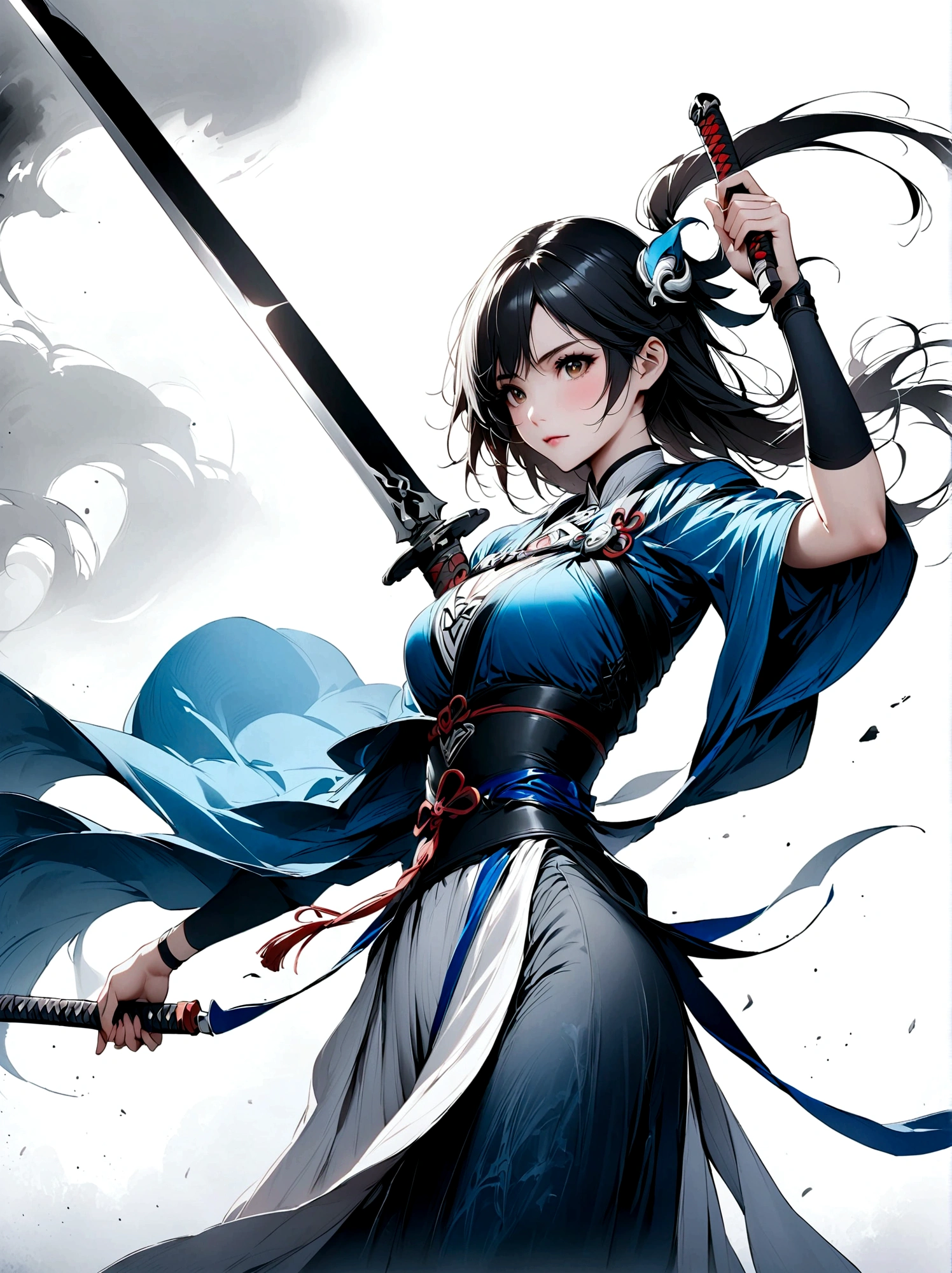 Artistic ink painting,Three-dimensional ink painting,Minimalism,Minimalist graphics,Minimal Art,Anime girl holding a sword,whole body,Chinese style,antiquity,Ink Painting,Blue robe,Black long hair,Black and white background,古韵White Space,White Space,大面积White Space,Texture Matte,Low saturation,Minimalist composition,Master composition