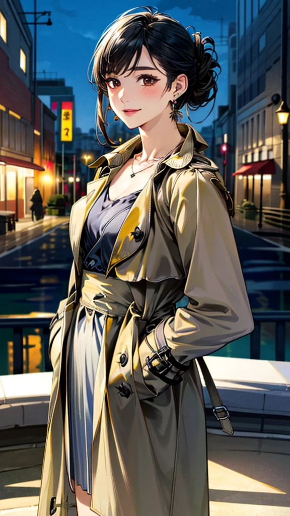 (masterpiece:1.3, Highest quality, Ultra-high resolution, Super detailed), (Realistic, photoRealistic:1.4), Beautiful illustrations, (Natural Side Lighting, Cinema Lighting), colorful, Depth of written boundary,
Beautiful detailed hair, Beautifully detailed face, Beautiful fine details, Beautiful clavicle, Beautiful body, 美しいLarge Breasts, Beautiful thighs, Beautiful feet, Beautiful fingers,
((Open Court、trench coat:1.4)), (knit、Long skirt 1.4)、
View Viewer、Front view:0.8, Beauty1人, Japanese, Beauty、30 years old, Perfect Face, (Perfect Anatomy, Anatomically correct), Cute and symmetrical face, Baby Face, , Shiny skin,
(Black Hair, Updo Hair:1.4), Dark brown eyes, Large Breasts, Slim body,
necklace, (Small earrings:1.3),
(Beautiful views), (night), (city, cityscape in the distance), Standing with good posture, A soft smile、(Smile, Lips parted),
