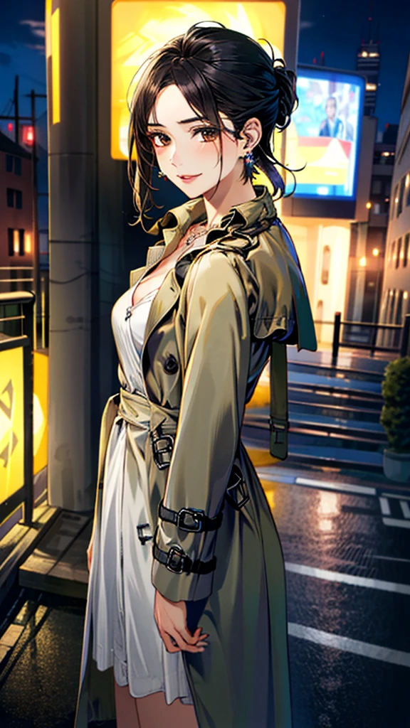 (masterpiece:1.3, Highest quality, Ultra-high resolution, Super detailed), (Realistic, photoRealistic:1.4), Beautiful illustrations, (Natural Side Lighting, Cinema Lighting), colorful, Depth of written boundary,
Beautiful detailed hair, Beautifully detailed face, Beautiful fine details, Beautiful clavicle, Beautiful body, 美しいLarge Breasts, Beautiful thighs, Beautiful feet, Beautiful fingers,
((Open Court、trench coat:1.4)), (knit、Long skirt 1.4)、
View Viewer、Front view:0.8, Beauty1人, Japanese, Beauty、30 years old, Perfect Face, (Perfect Anatomy, Anatomically correct), Cute and symmetrical face, Baby Face, , Shiny skin,
(Black Hair, Updo Hair:1.4), Dark brown eyes, Large Breasts, Slim body,
necklace, (Small earrings:1.3),
(Beautiful views), (night), (city, cityscape in the distance), Standing with good posture, A soft smile、(Smile, Lips parted),