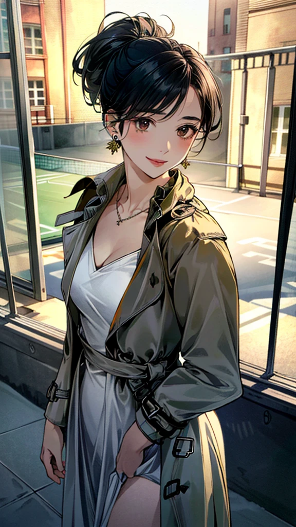 (masterpiece:1.3, Highest quality, Ultra-high resolution, Super detailed), (Realistic, photoRealistic:1.4), Beautiful illustrations,  (Natural Side Lighting, Cinema Lighting), colorful, Depth of written boundary, 
Beautiful detailed hair, Beautifully detailed face, Beautiful fine details, Beautiful clavicle, Beautiful body, 美しいLarge Breasts, Beautiful thighs, Beautiful feet, Beautiful fingers, 
((Open Court、trench coat:1.4)), (knit、Long skirt 1.4)、
View Viewer、Front view:0.8, Beauty1人, Japanese, Beauty、30 years old, Perfect Face, (Perfect Anatomy, Anatomically correct), Cute and symmetrical face, Baby Face, , Shiny skin, 
(Black Hair, Updo Hair:1.4),  Dark brown eyes, Large Breasts, Slim body, 
necklace, (Small earrings:1.3), 
(Beautiful views), (night), (city, cityscape in the distance), Standing with good posture, A soft smile、(Smile, Lips parted), 