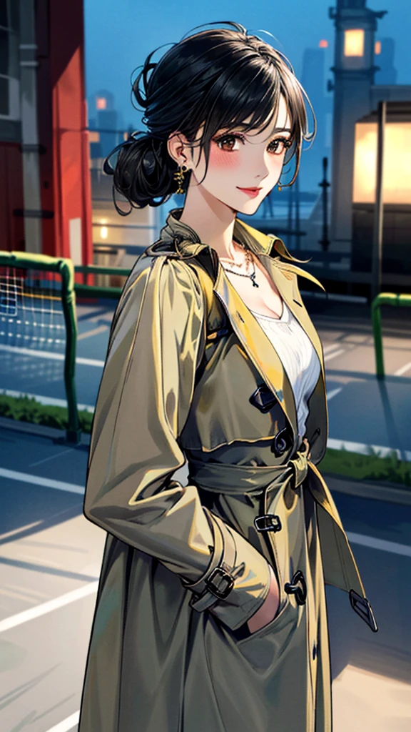 (masterpiece:1.3, Highest quality, Ultra-high resolution, Super detailed), (Realistic, photoRealistic:1.4), Beautiful illustrations,  (Natural Side Lighting, Cinema Lighting), colorful, Depth of written boundary, 
Beautiful detailed hair, Beautifully detailed face, Beautiful fine details, Beautiful clavicle, Beautiful body, 美しいLarge Breasts, Beautiful thighs, Beautiful feet, Beautiful fingers, 
((Open Court、trench coat:1.4)), (knit、Long skirt 1.4)、
View Viewer、Front view:0.8, Beauty1人, Japanese, Beauty、30 years old, Perfect Face, (Perfect Anatomy, Anatomically correct), Cute and symmetrical face, Baby Face, , Shiny skin, 
(Black Hair, Updo Hair:1.4),  Dark brown eyes, Large Breasts, Slim body, 
necklace, (Small earrings:1.3), 
(Beautiful views), (night), (city, cityscape in the distance), Standing with good posture, A soft smile、(Smile, Lips parted), 