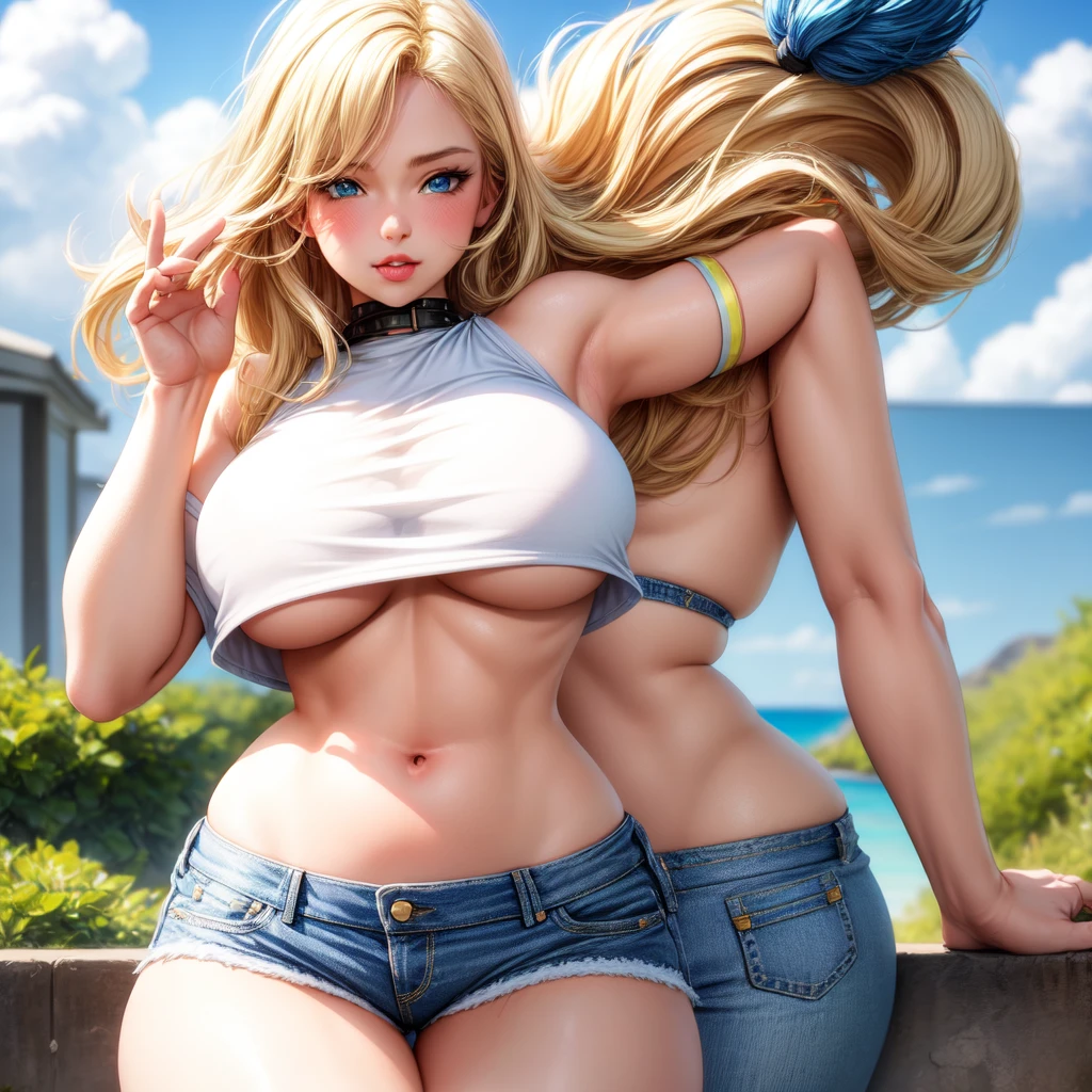 1 girl, solo, underboob curvy, realistic, blonde hair, green and blue eyes, big lips, blush, HD, good quality, white crop top, denim shorts, seductive, young, hot