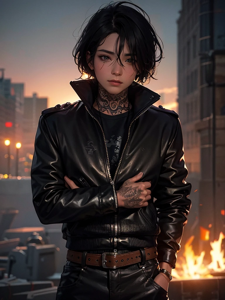 Man, 30 old, leather jacket and black T-short, tattoos , with a bat in his hands, flame