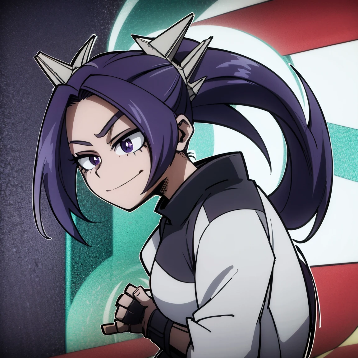 1girl, female focus, aria blaze, boku no hero academia, masterpiece, best quality, very aesthetic, absurdres, twintails hair, purple hair, lavender eyes, smirk, female hero outfit