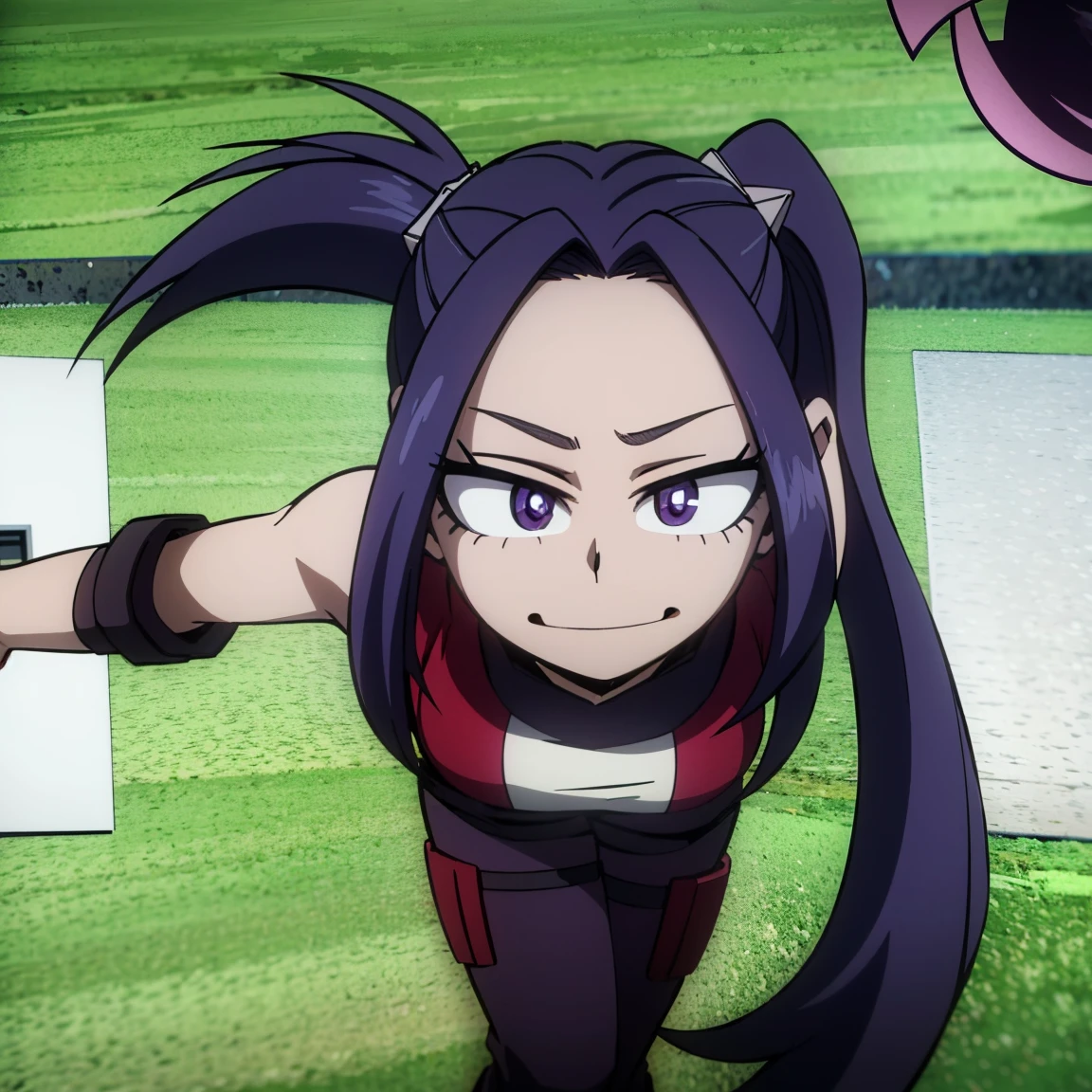 1girl, female focus, aria blaze, boku no hero academia, masterpiece, best quality, very aesthetic, absurdres, twintails hair, purple hair, lavender eyes, smirk, female hero outfit