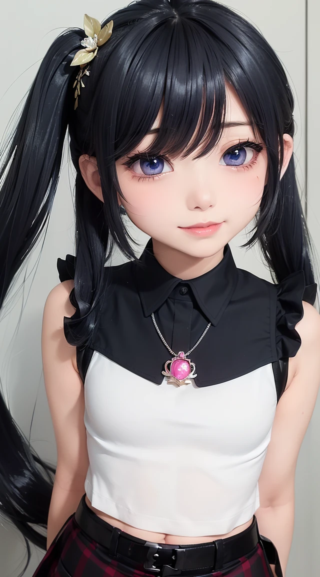 (masterpiece:1.3), (Best Quality:1.3), (Ultra-detailed:1.2), ((kawaii)), Cute, (lovely), ((sexy)), ((Extremely detailed)), 4K, (8K), Best Quality, (Beautiful), Illustration, anime style, (bold line:1.2), Gradation, looking at viewer, //, (bent down:1.1), (arms behind back), //, a cute girl, 1girl, (solo:1.2), gleaming skin, //, (flat chested), (Perfect eyes:1.2), (Perfect iris:1.2), //, darkblue hair color, (beautiful eyes) //, (half closed eyes:1.3), (sexual expression:1.2), Fascinated expression, smile, (blush:1.2), //, modern city background, on rock, twin tails, muscle girl, hard abs, exposed abs, NECKLACE, tight blouse, skirt