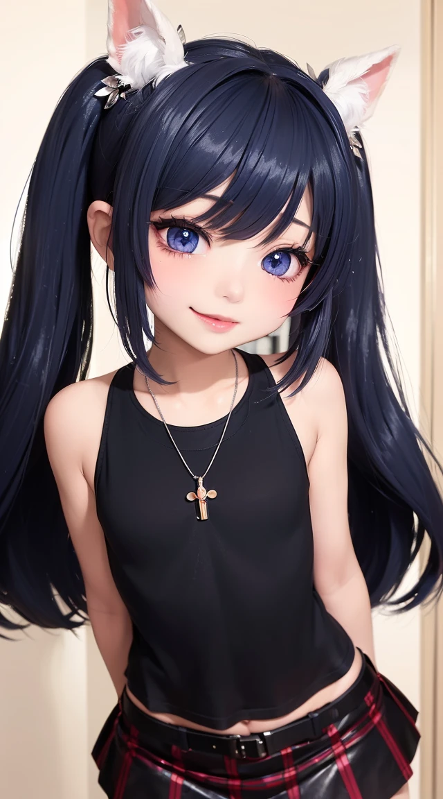 (masterpiece:1.3), (Best Quality:1.3), (Ultra-detailed:1.2), ((kawaii)), Cute, (lovely), ((sexy)), ((Extremely detailed)), 4K, (8K), Best Quality, (Beautiful), Illustration, anime style, (bold line:1.2), Gradation, looking at viewer, //, (bent down:1.1), (arms behind back), //, a cute girl, 1girl, (solo:1.2), gleaming skin, //, (flat chested), (Perfect eyes:1.2), (Perfect iris:1.2), //, darkblue hair color, (beautiful eyes) //, (half closed eyes:1.3), (sexual expression:1.2), Fascinated expression, smile, (blush:1.2), //, modern city background, on rock, twin tails, muscle girl, hard abs, exposed abs, NECKLACE, tight blouse, skirt