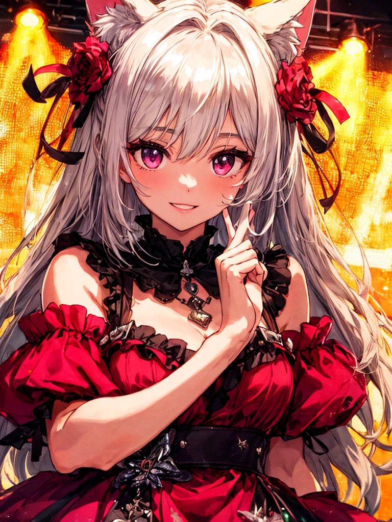 Highly detailed face,fine grain,Highlighted eyes, medium breasts ,pretty girl, smile shyly,Cat ear,Beautiful silver hair,Pink inside,Beautiful pink eyes,shiny skin, beautiful shadow,
Close-up of face, singing scene, dress scene, looking the viewer,
Represent idol in bright colors, Represent idol dress in colorful colors, Represent idol's singing voice in warm colors