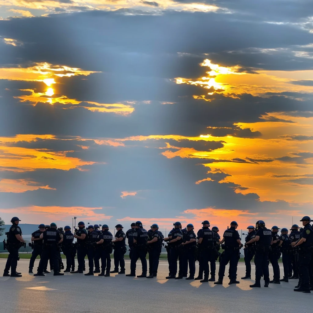 western drama　Gunman surrounded by 50 police officers. Big sunset.