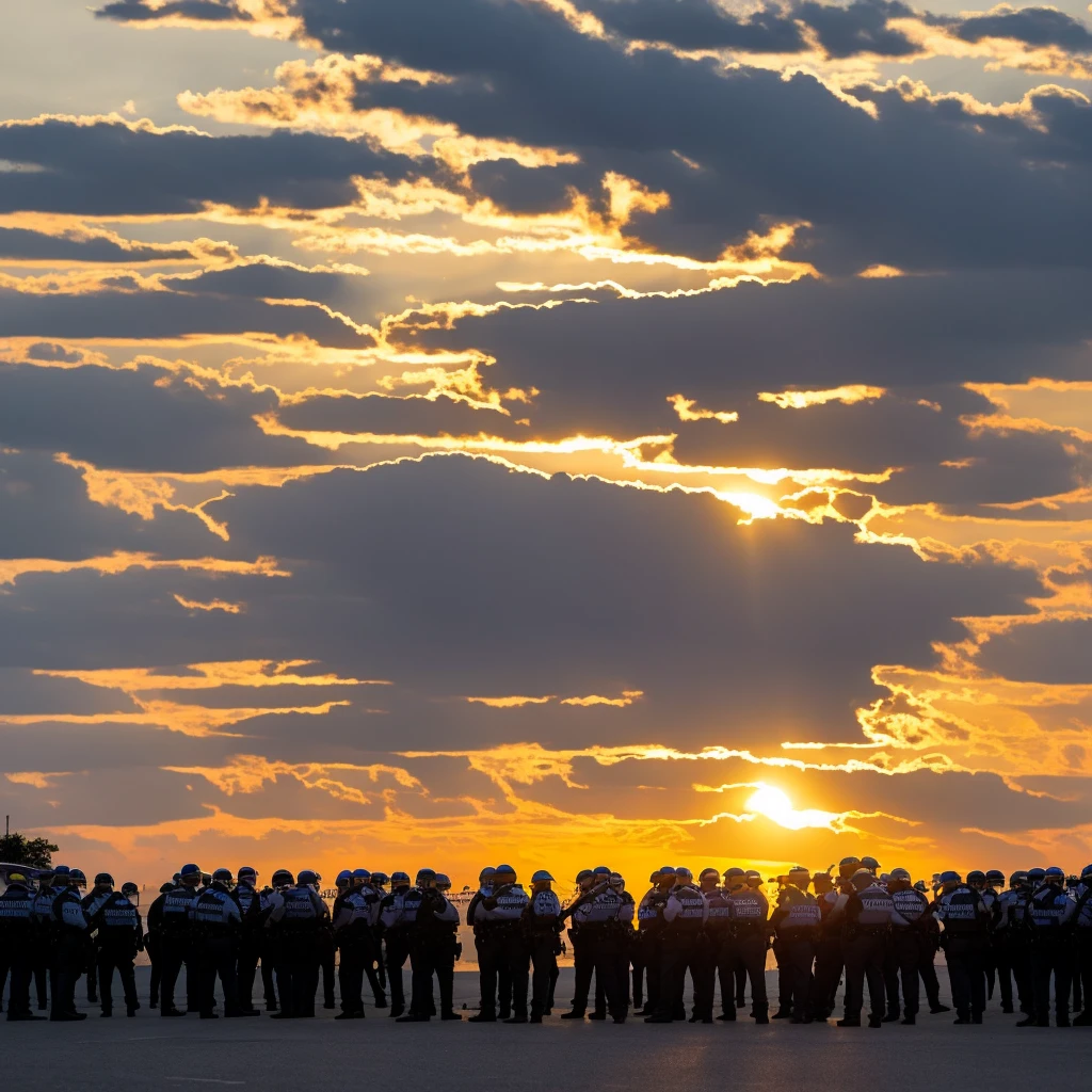 western drama Gunman surrounded by 50 police officers. Big sunset.