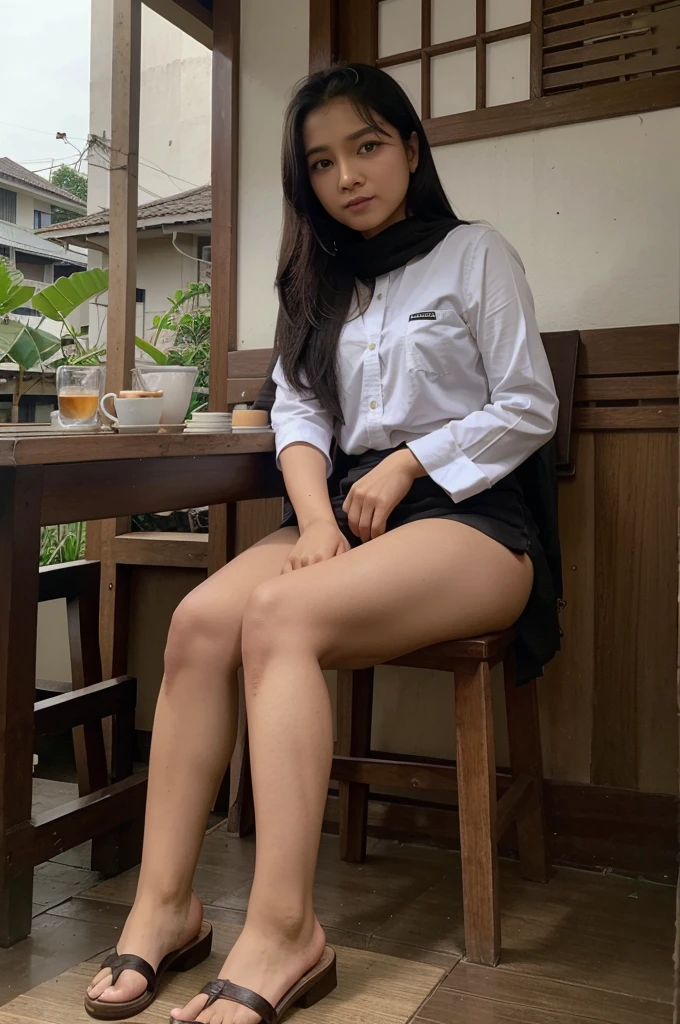 pria berwajah indonesia, berambut panjang, berumur 17 tahun, memakai kaos hitam, mengenakan sandal putih, sedang duduk di warung kopi sambil minum kopi, latar belakang rumah kayu