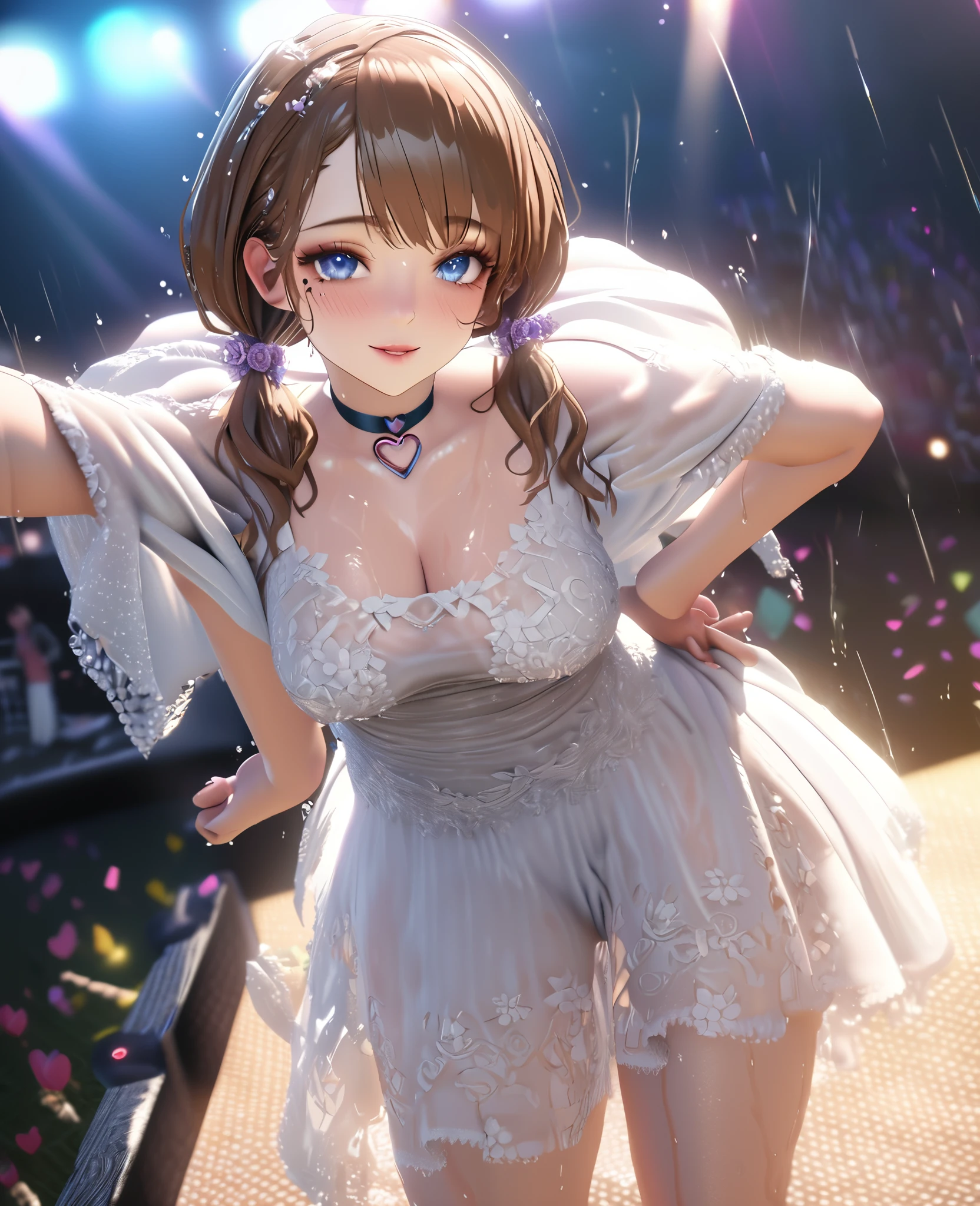 one girl, staring at the audience, beautiful blue eyes, brown hair in short twin tails, mole under eye, plump glossy lips, heart shaped choker, idol, her name is Mei, smiling, . . . 3D, realistic, idol's costume was drenched in heavy rain, her chest was wet and see-through, heavy rain at outdoor concert, draped clothes, jewelry and decorations removed, floral patterns, lace trim, glittering on stage, masterpiece, best quality, 8k, detailed skin texture, detailed fabric texture, beautifully detailed face, intricate details, highly detailed, ultra high resolution, 8k Ultra HD, film grain, best shadows, delicate, staring at the audience, front