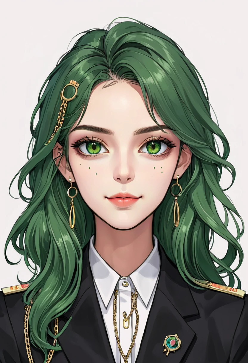 (Digital Illustration，Detailed anime style girl portrait，Solitary，symmetry)，(Big colorful eyes，Fashionable and exquisite facial features，Exquisite makeup，Smile，Cheek symbol mark，Soulful gaze，)，(Green long hair，Beautiful hairstyle，Hairpin)，(Black suit，Epaulettes-Chain，cool，)，Clean and simple white background，(((Correct human anatomy)))