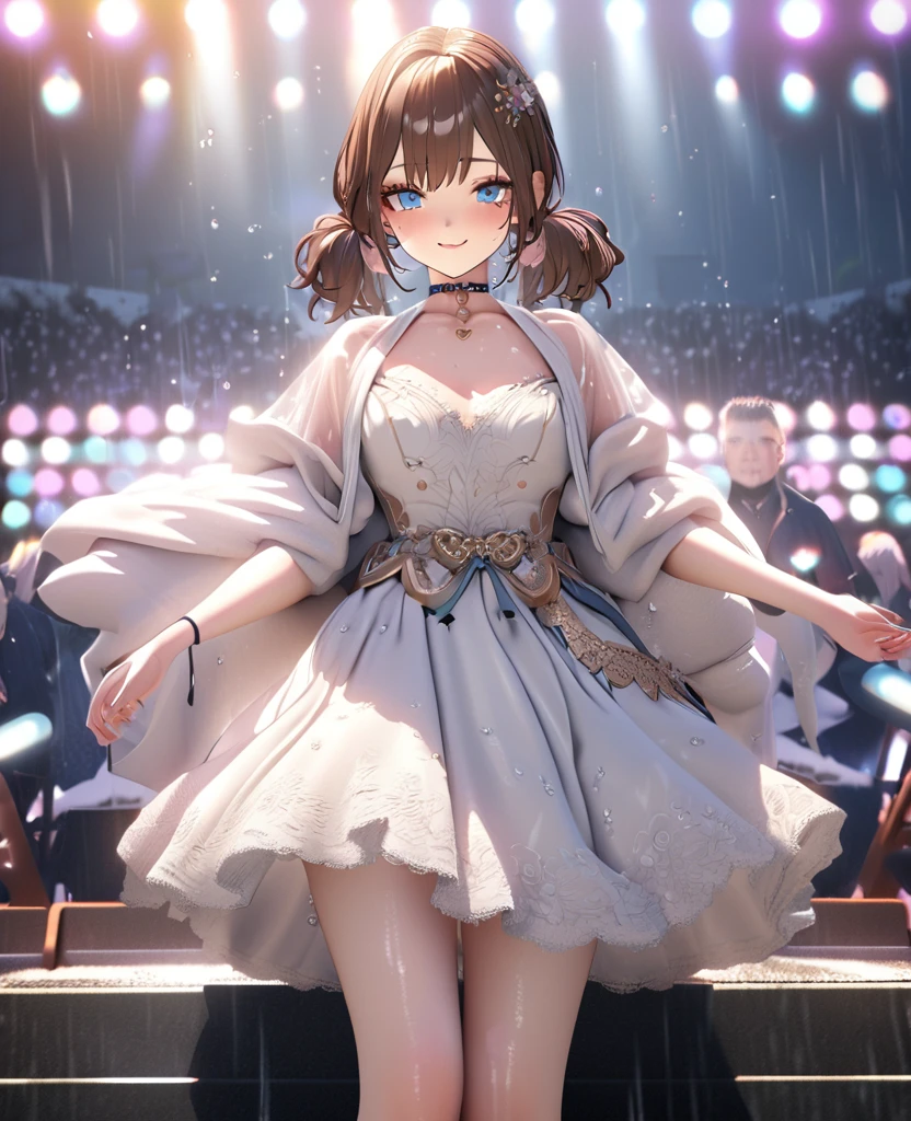 one girl, staring at the audience, beautiful blue eyes, brown hair in short twin tails, mole under eye, plump glossy lips, heart shaped choker, idol, her name is Mei, smiling, . . . 3D, realistic, idol's costume was drenched in heavy rain, her chest was wet and see-through, heavy rain at outdoor concert, draped clothes, jewelry and decorations removed, floral patterns, lace trim, glittering on stage, masterpiece, best quality, 8k, detailed skin texture, detailed fabric texture, beautifully detailed face, intricate details, highly detailed, ultra high resolution, 8k Ultra HD, film grain, best shadows, delicate, staring at the audience, front