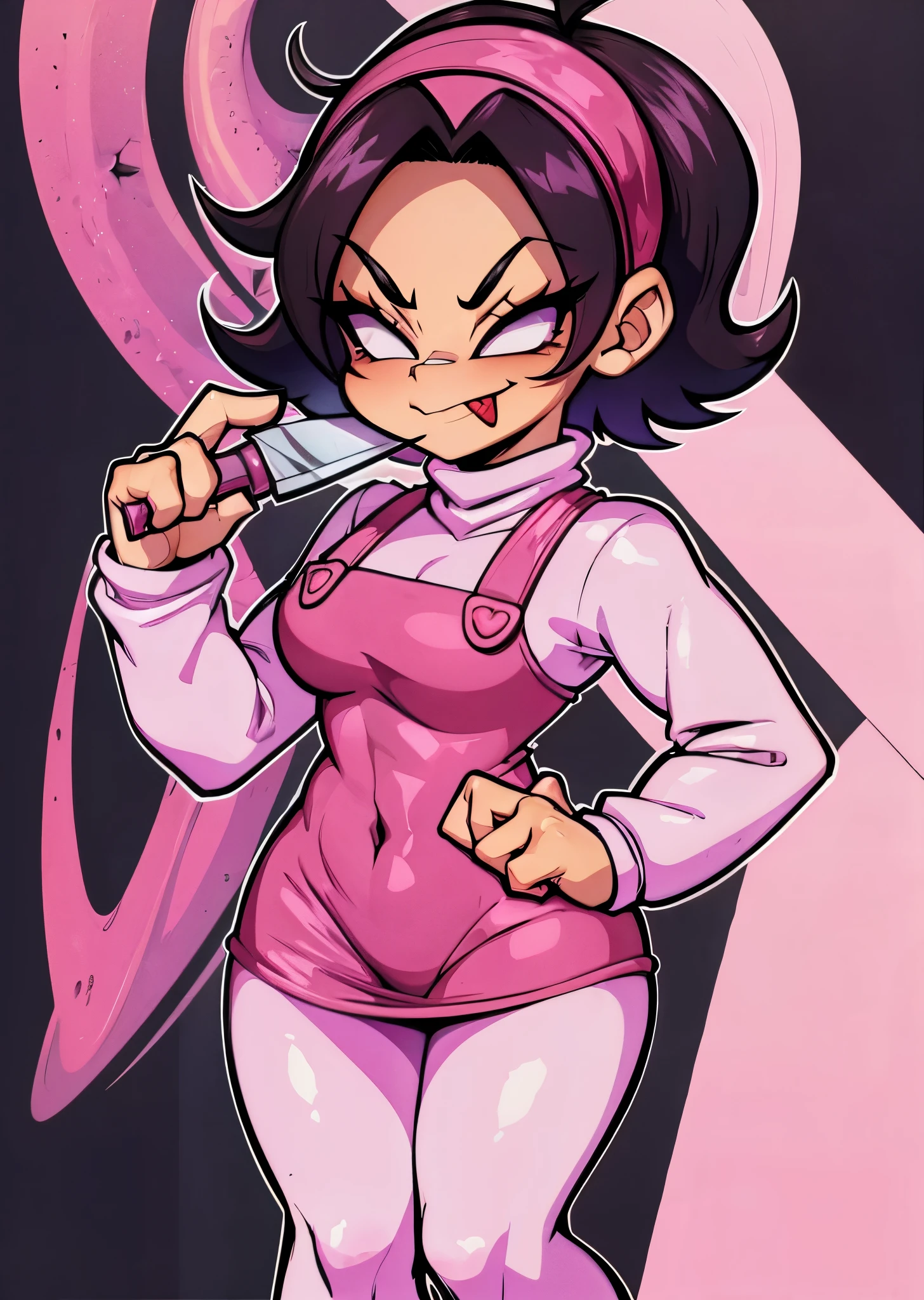 [nene], [newgrounds], ((masterpiece)), ((HD)), ((high res)), ((solo portrait)), ((full body)), ((front view)), ((detailed shading)), ((cartoon aesthetic)), ((chibi style)), {slim attractive figure, tan skin, cute white eyes, short black hair, short eyelashes, small breasts, curvy hips, beautiful legs, cute tongue}, {(hot-pink overall dress, long sleeve turtleneck shirt, pink leggings, pink headband}, {(mischievous smirk)}, {(holding knife), (looking at viewer)}, [Background; stylized background, ambient lighting]