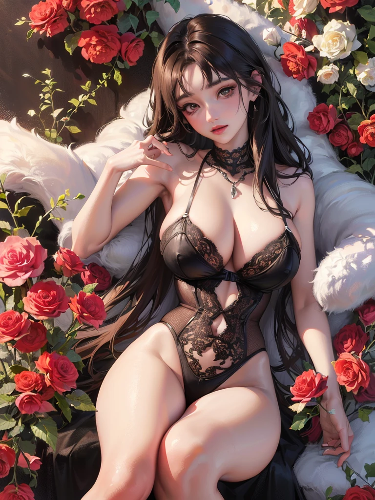 (best quality,4k,8k,highres,masterpiece:1.2),ultra-detailed,(realistic,photorealistic,photo-realistic:1.37),1girl,voluptuous woman,heavy large breasts,erect nipples,sheer lingerie,flower garden,seductive gaze,erotic