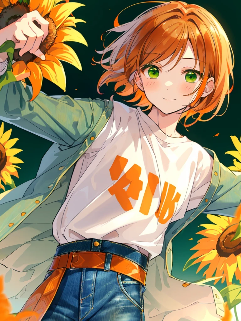 masterpiece、Highest quality、Super detailed、Very delicate、solo、One boy、1 male、(Orange brown hair:1.25),(Fluffy hair:1.2),(short hair:1.2),(Center parted bangs),sunflower,(Green Eyes:1.4),(blush)、smile,(Long sleeve shirt:1.25),(denim:1.35),