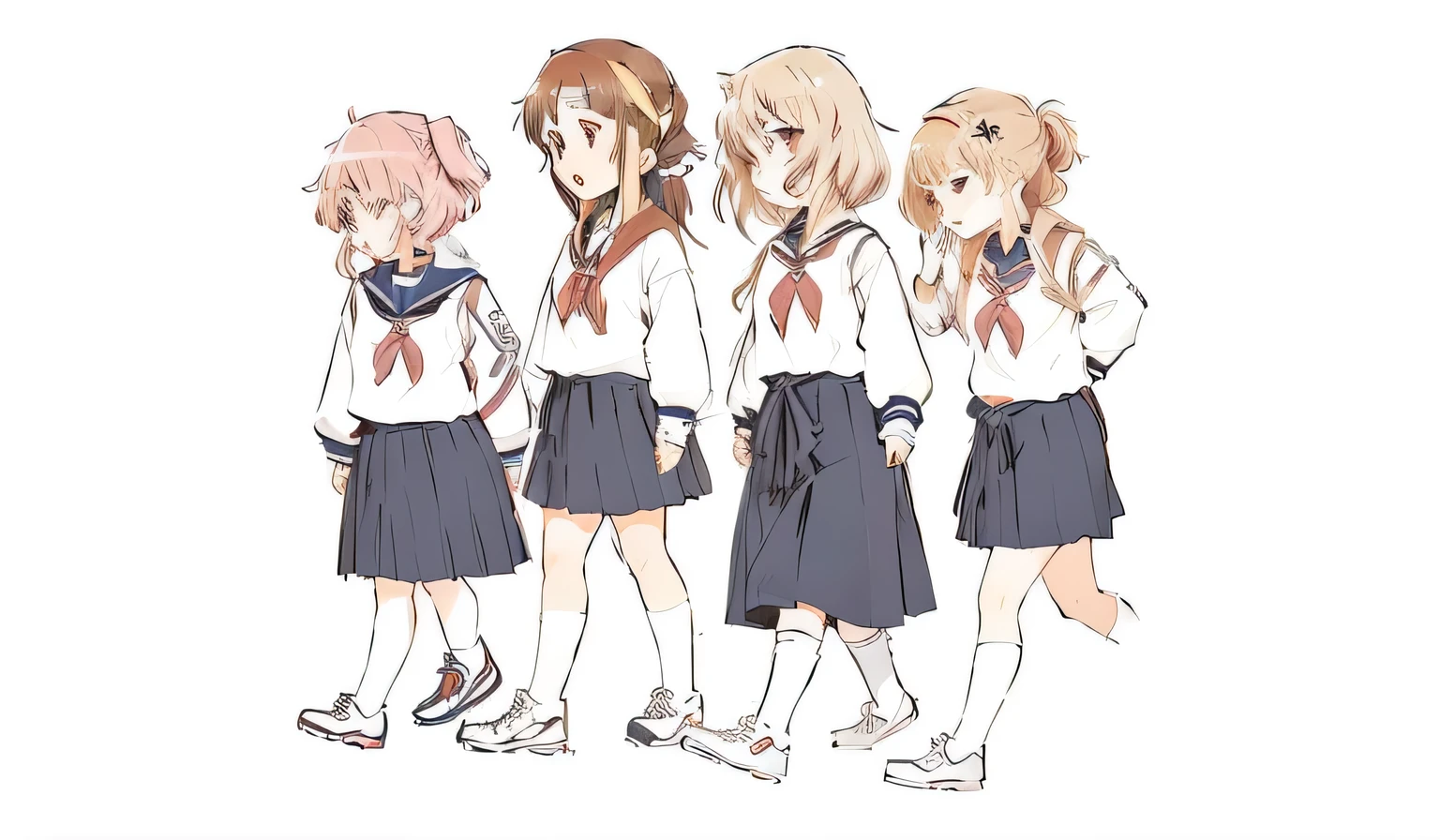 personagens de anime em uniformes escolares, um ao lado do outro, estilo no anime ghibli style, estilo no anime ghibli, por Yanagawa Nobusada, high school girls, por Naka Bokunen, estilo anime plano, clube de literatura doki doki, em estilo anime, kantai collection style, no estilo anime, Japanese anime style, apenas estilo anime
