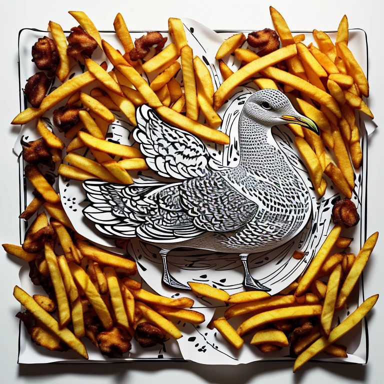 T-shirt with design of (Seagull and Fries:1.4), The colors are (visually striking, vivid) and the image features (sharp focus) to make the illustration design stand out. The art style of the case leans towards (cartoonish, illustrative). The lighting in the image is (bright and well-balanced). combines (cute, detailed, and vibrant) elements to create a visually appealing accessory, (masterpiece, best quality, Professional, perfect composition, very aesthetic, absurdres, ultra-detailed, intricate details:1.3)