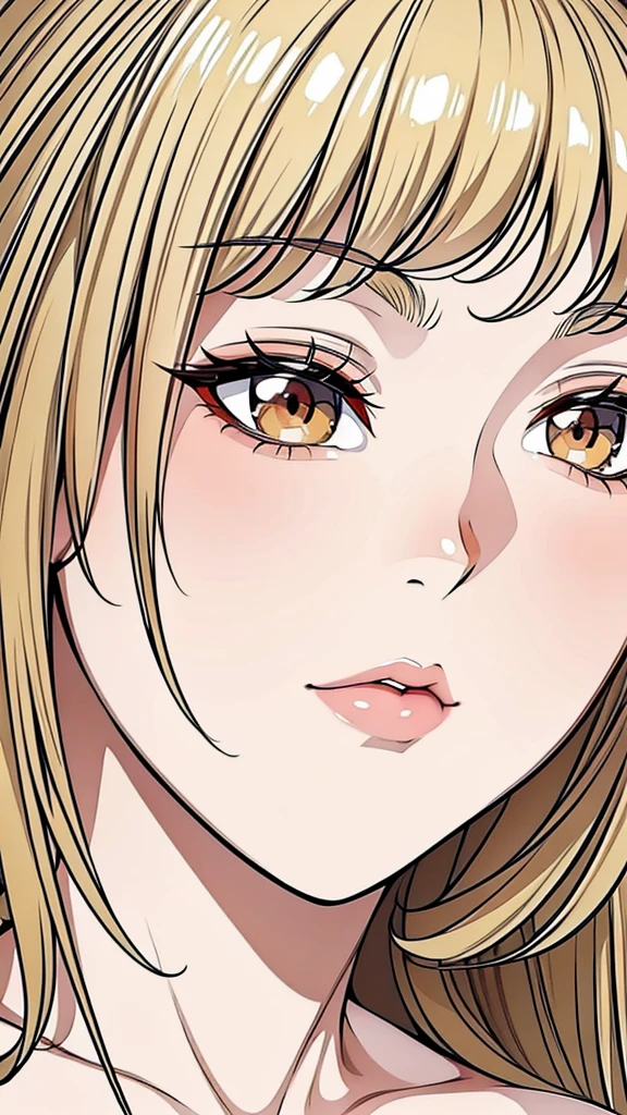 {8k image}, 1beautiful mature woman (MILF, tanned skin), 30 years old, blonde hair, Brown eyes, thin lips, pointed nose, upturned eyes, oval face, {looking directly at the viewer}, {facing forward}, {perfect anatomy}, {image focused only on the face and breats}, manga art style, extremely detailed lineart, manga Splash page, vivid colors