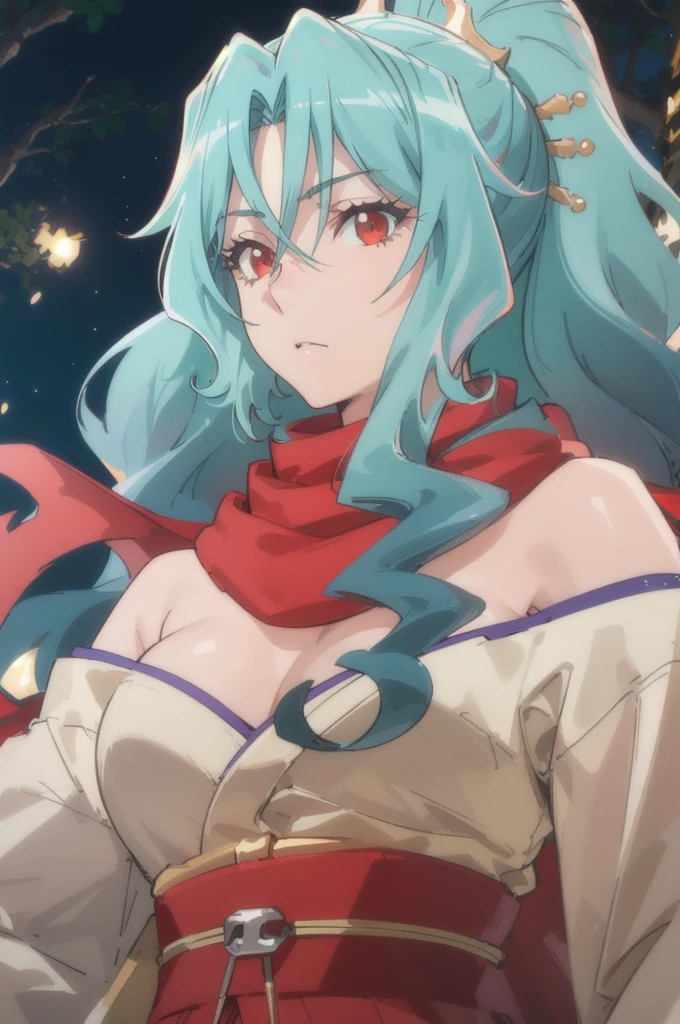 1girl, artstyle, forest, upperbody, aqua hair, blue hair, hair between eyes, long hair, looking at viewer, medium breasts,red eyes, red scarf, scarf, solo, tomoe, hyperrealistic photo by Seebas Apterus and Larry Bell art, blending, smooth, detailed expressions, artstyle, detailed eyes, HDR, UHD, k, RTX, sharp, sharp focus, highly detailed, intricate detail, professional, artistic flow, ultra detailed, high resolution photography, (bright colors)