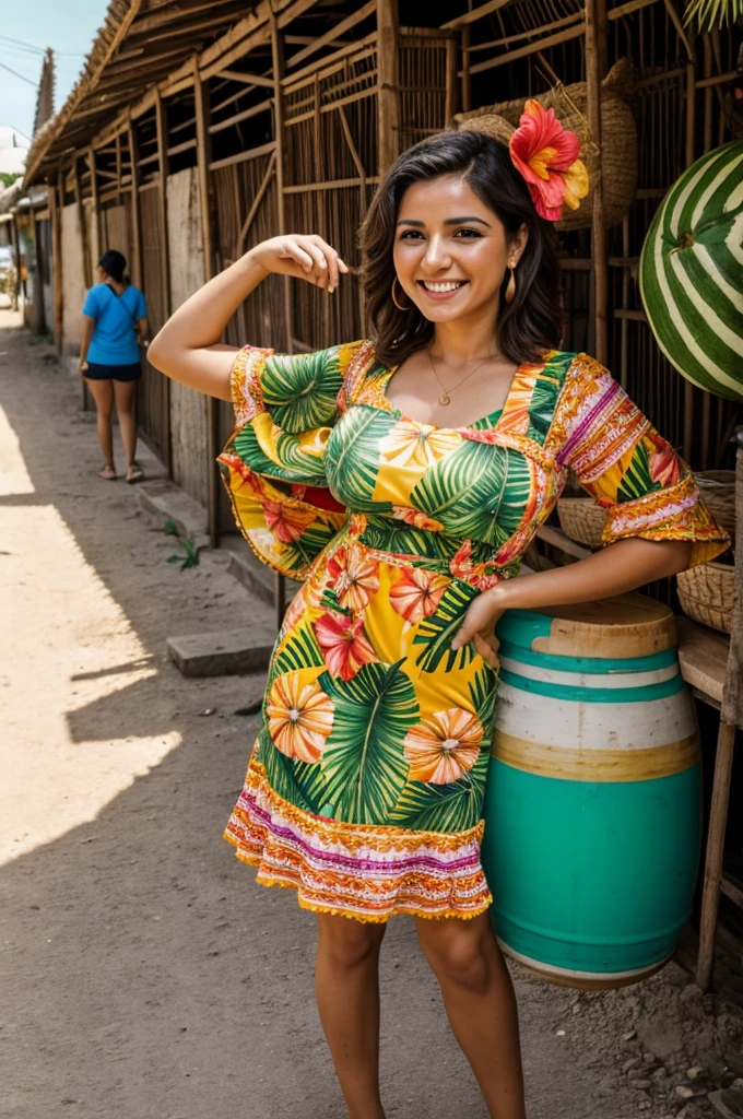Mujer usando un vestido muy tropical parada y sonriendo al lado de un letrero que dice: La Chicharronada de Villada con los Medios.