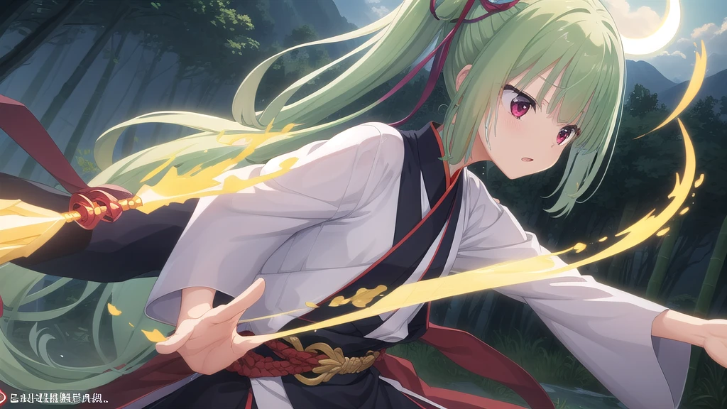 ((masterpiece)),(best quality),Official Art,Extremely detailed CG,Unity 8K wallpaper,Very detailed,Beautiful and delicate eyes,Extremely detailed face,1 girl,solitary,,(whole body:1.5),(small:1.3),,,Murasame,Very long hair,Green Hair,Face Up,Purple bow,hairpin,Side chains,Bangs,Red Eyes,Neck strap,Red belt,，Long-sleeved hanfu，Wearing Hanfu，Martial Saint，Bamboo Forest Sigh，majesty，Blue Dragon Moon Moon，Xing Xu Rulin，Break through the mountains and rivers！The blade trembles thousands of miles away！Strong Enemy！Fearless of a Hundred Battles！Immortal Fighting Spirit，Righteousness thin clouds！The bamboo forests in Shu are lush and green，Martial Saint盘坐其中。Strong EnemyFearless of a Hundred Battles，Take up the sword and mount the horse，The spirit raised the knife and moved forward，It seems that thousands of cavalry are rushing towards us.。桃园结Righteousness thin clouds，Crescent Moon Blue Dragon Blade Cold，Legendary Skins