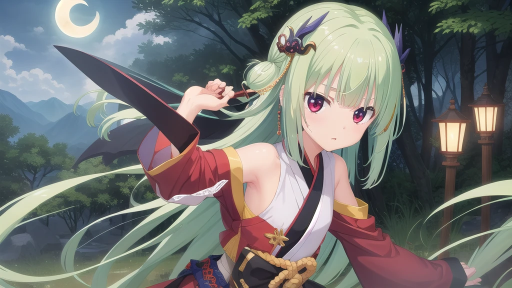 ((masterpiece)),(best quality),Official Art,Extremely detailed CG,Unity 8K wallpaper,Very detailed,Beautiful and delicate eyes,Extremely detailed face,1 girl,solitary,,(whole body:1.5),(small:1.3),,,Murasame,Very long hair,Green Hair,Face Up,Purple bow,hairpin,Side chains,Bangs,Red Eyes,Neck strap,Red belt,,Long-sleeved hanfu,Wearing Hanfu,Martial Saint,Bamboo Forest Sigh,majesty,Blue Dragon Moon Moon,Xing Xu Rulin,Break through the mountains and rivers!The blade trembles thousands of miles away!Strong Enemy!Fearless of a Hundred Battles!Immortal Fighting Spirit,Righteousness thin clouds!The bamboo forests in Shu are lush and green,Martial Saint盘坐其中。Strong EnemyFearless of a Hundred Battles,Take up the sword and mount the horse,The spirit raised the knife and moved forward,It seems that thousands of cavalry are rushing towards us.。桃园结Righteousness thin clouds,Crescent Moon Blue Dragon Blade Cold,Legendary Skins