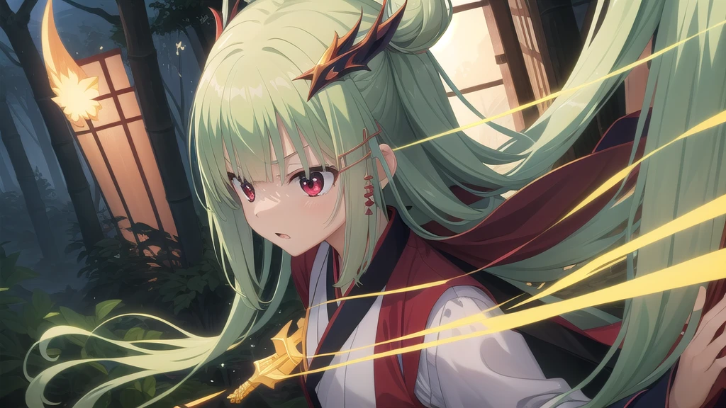 ((masterpiece)),(best quality),Official Art,Extremely detailed CG,Unity 8K wallpaper,Very detailed,Beautiful and delicate eyes,Extremely detailed face,1 girl,solitary,,(whole body:1.5),(small:1.3),,,Murasame,Very long hair,Green Hair,Face Up,Purple bow,hairpin,Side chains,Bangs,Red Eyes,Neck strap,Red belt,,Long-sleeved hanfu,Wearing Hanfu,Martial Saint,Bamboo Forest Sigh,majesty,Blue Dragon Moon Moon,Xing Xu Rulin,Break through the mountains and rivers!The blade trembles thousands of miles away!Strong Enemy!Fearless of a Hundred Battles!Immortal Fighting Spirit,Righteousness thin clouds!The bamboo forests in Shu are lush and green,Martial Saint盘坐其中。Strong EnemyFearless of a Hundred Battles,Take up the sword and mount the horse,The spirit raised the knife and moved forward,It seems that thousands of cavalry are rushing towards us.。桃园结Righteousness thin clouds,Crescent Moon Blue Dragon Blade Cold,Legendary Skins