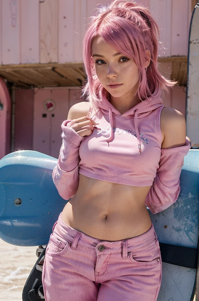 girl with pink hair snowboarding , pink messy hair, 1 girl, solo, jeans, pink fingerless gloves, pink crop top hoodie