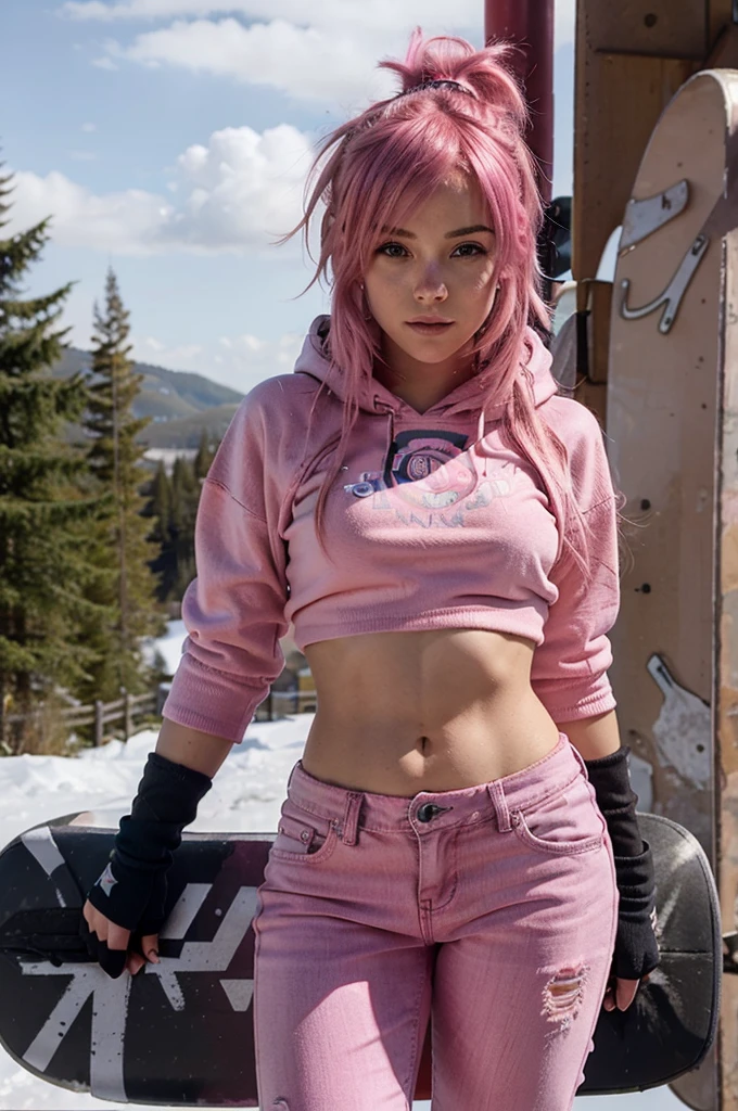 girl with pink hair snowboarding , pink messy hair, 1 girl, solo, jeans, pink fingerless gloves, pink crop top hoodie