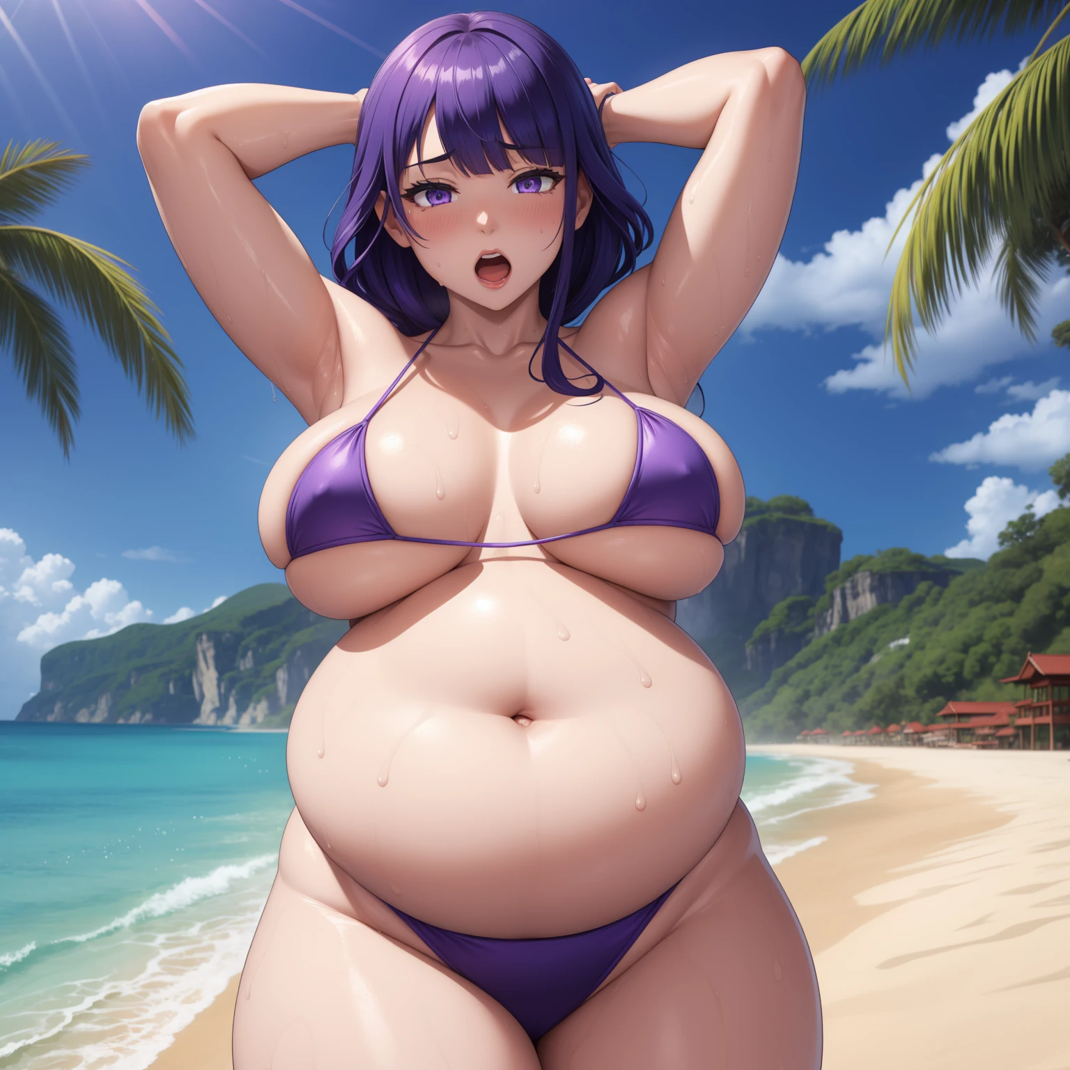 photo of raidenshigunrnd with large breasts and a huge ass and wearing a bikini on a beach with sunny weather, (light skin), (sweating) ,(beautiful scenery),(perfect face), masterpiece, blush, 1girl, solo, smooth anime cg art, 4k digital art, standing, ((big belly, massive belly, chubby, giant belly)), shocked, open mouth, (hands behind head:1.4), (solo:1.5)
