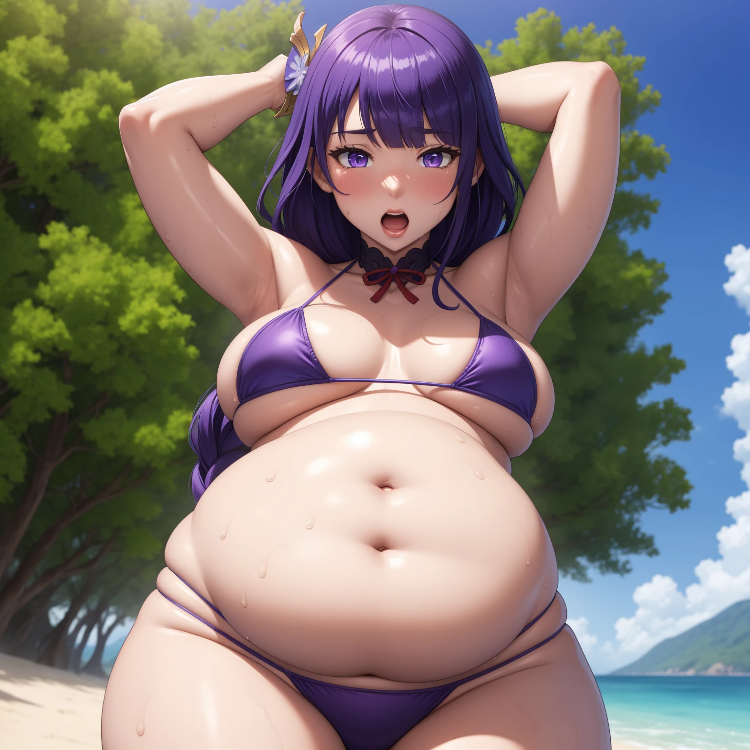 photo of raidenshigunrnd with large breasts and a huge ass and wearing a bikini on a beach with sunny weather, (light skin), (sweating) ,(beautiful scenery),(perfect face), masterpiece, blush, 1girl, solo, smooth anime cg art, 4k digital art, standing, ((big belly, massive belly, chubby, giant belly)), shocked, open mouth, (hands behind head:1.4), (solo:1.5)